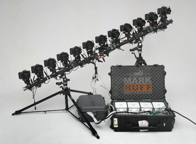 Mark Ruff's time slice rig, 12 EOS 10Ds, 12 Mac Minis.