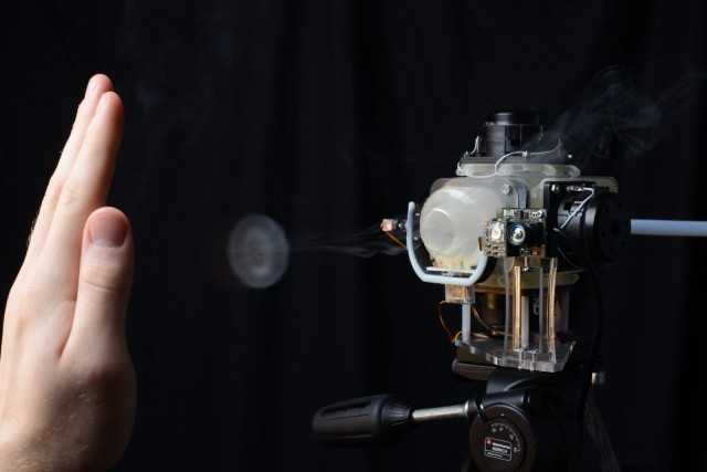 Flinging air like smoke rings, Aireal is a novel solution to the problem of touchless interaction. "You'll get used to it in time," as Lewis Carroll's Caterpillar might say. Photos courtesy Disney Research.