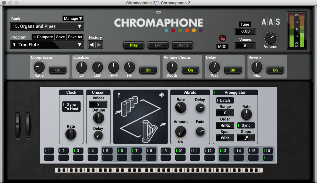 The overview screen of Chromaphone. From here, you can quickly dial up presets and control essential features - even if you aren't ready to peek under the hood and make your own sounds. But you should peek under the hood.