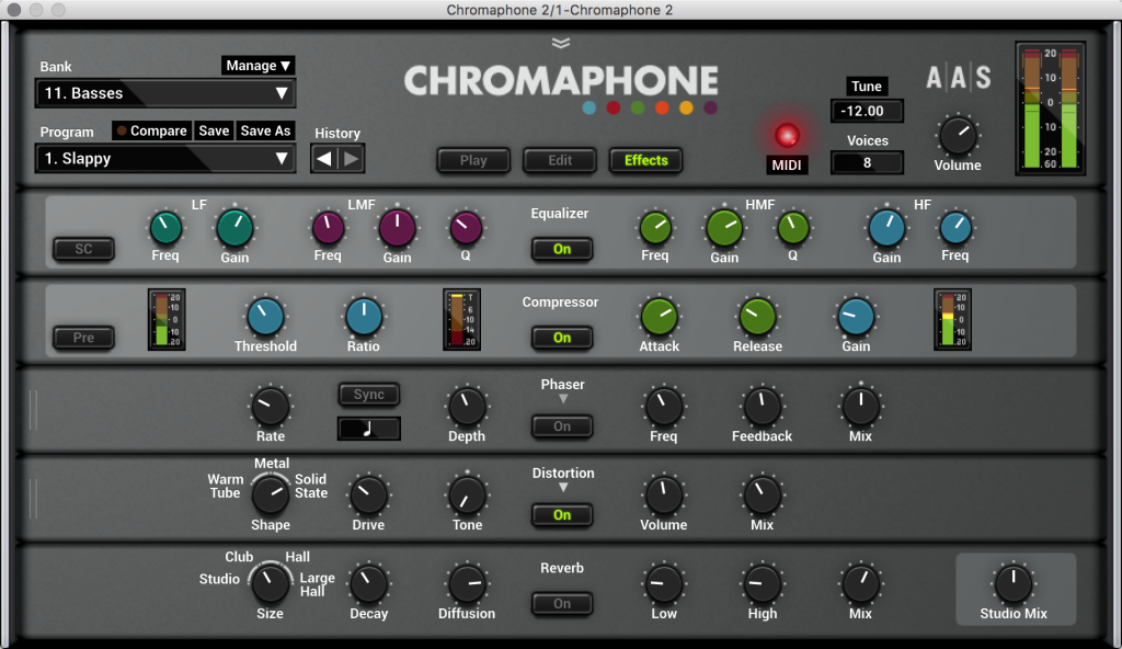 Chromaphone includes an extensive built-in effects rack.