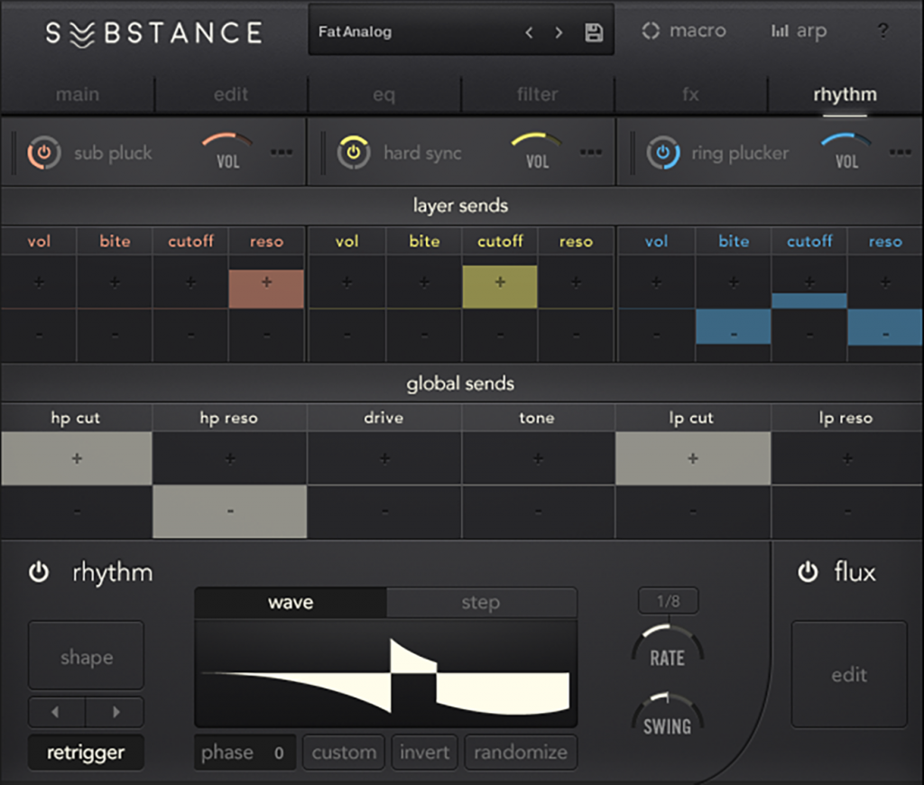 The "rhythm" modulation section - note the "randomize" button.