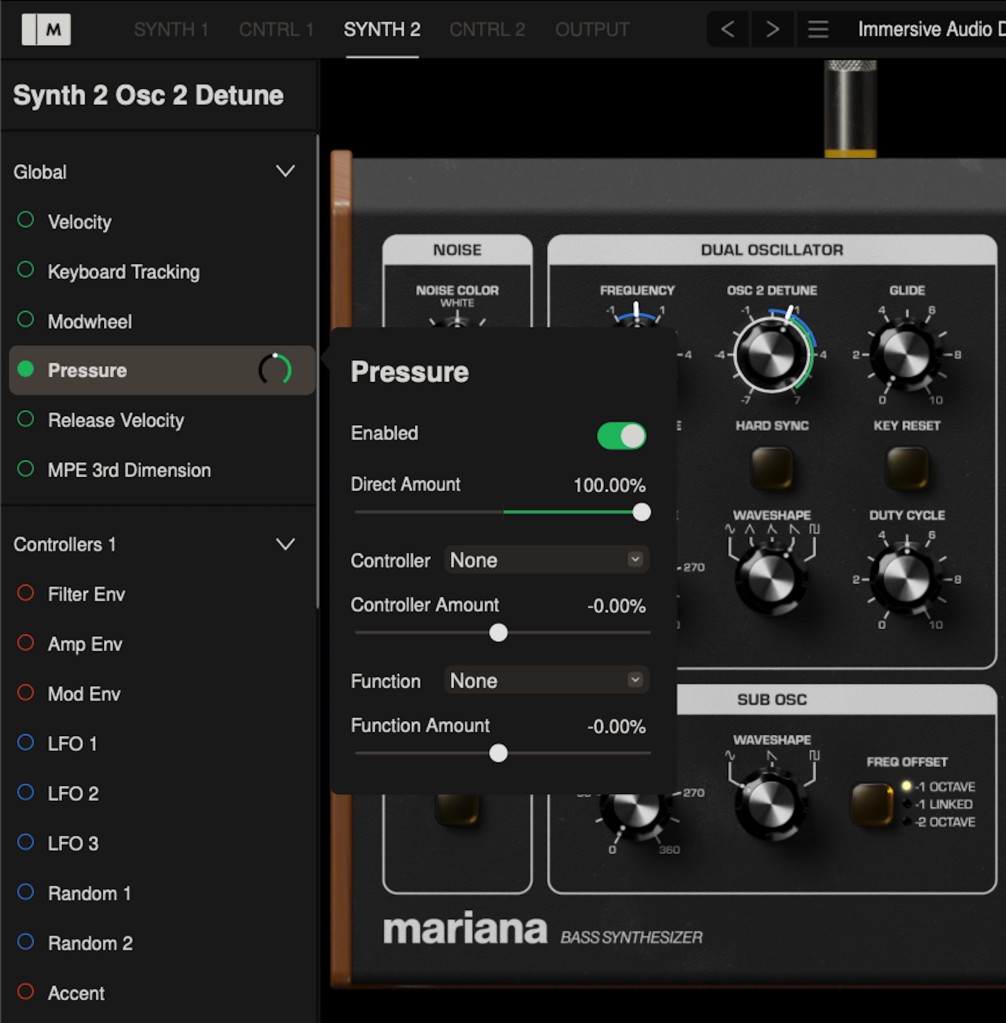 Modulation assignment, showing sources, options for one control (pressure), and highlighted knob with range overlay