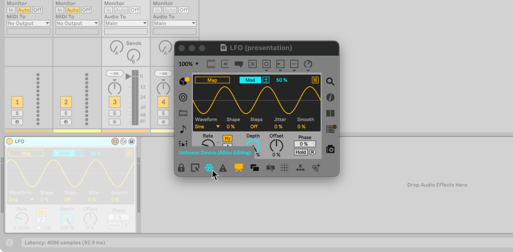 LFO device in Max over top an Ableton Live session, showing the Presentation view. The Freeze button (set to unfreeze to allow editing).