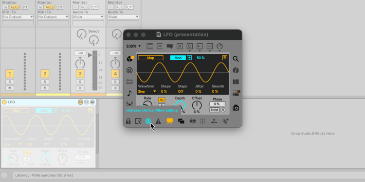 LFO device in Max over top an Ableton Live session, showing the Presentation view. The Freeze button (set to unfreeze to allow editing).