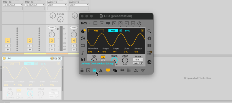 LFO device in Max over top an Ableton Live session, showing the Presentation view. The Freeze button (set to unfreeze to allow editing).