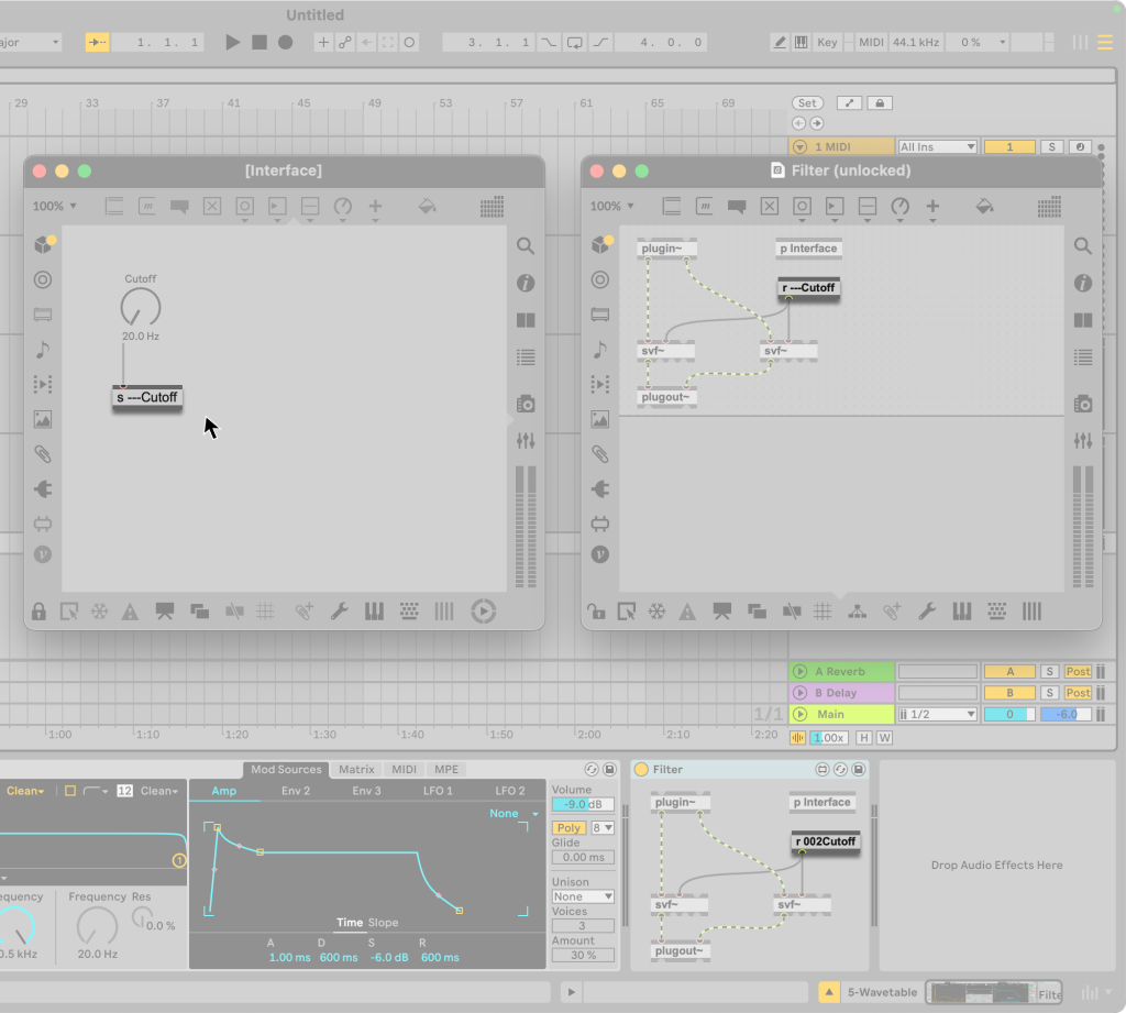 Side by side interface and filter windows in max for Live unlocked view - showing send and receive cutoff objects - atop an Ableton Live session.