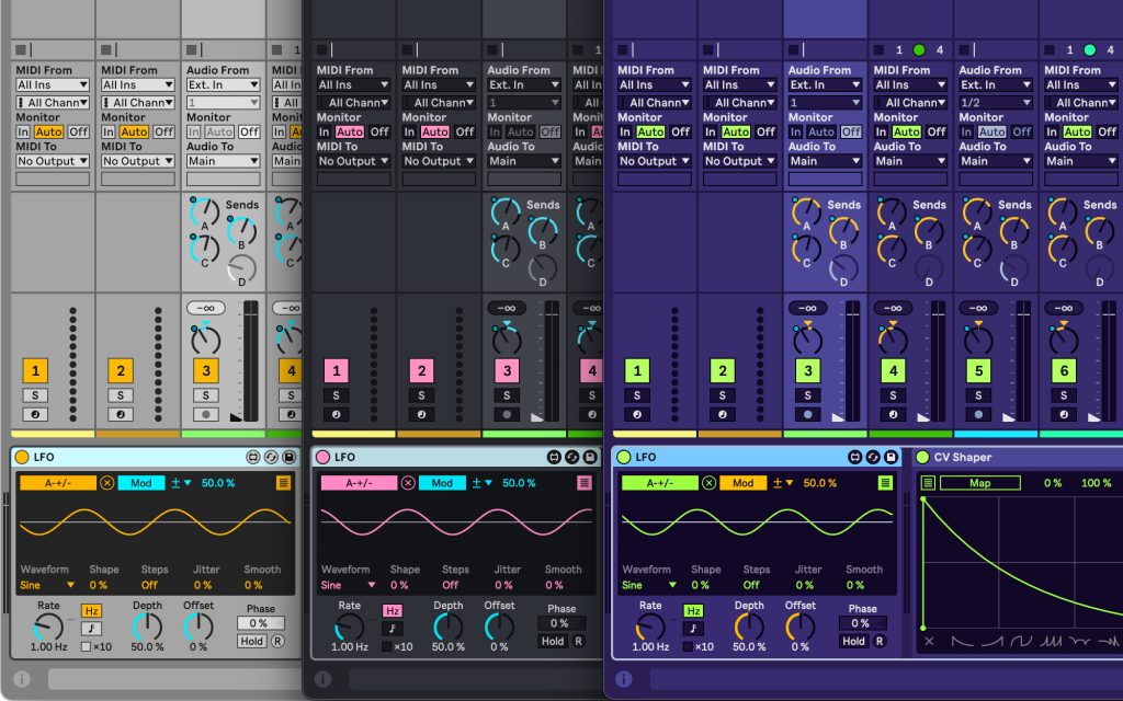 LFO showing theme awareness across different themes in Live 12 (light gray, dark gray, and deep grape).