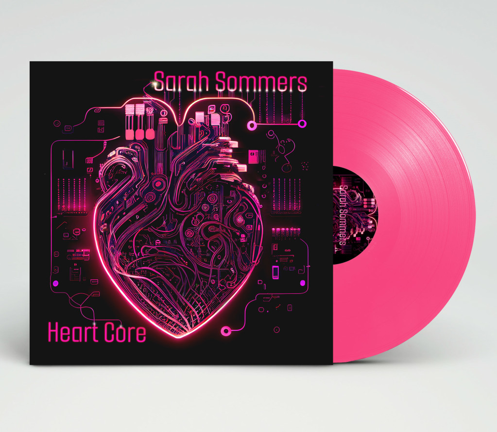 Custom vinyl design for Heart Core, featuring blank-and-pink electronic heart motif on front and custom pink vinyl