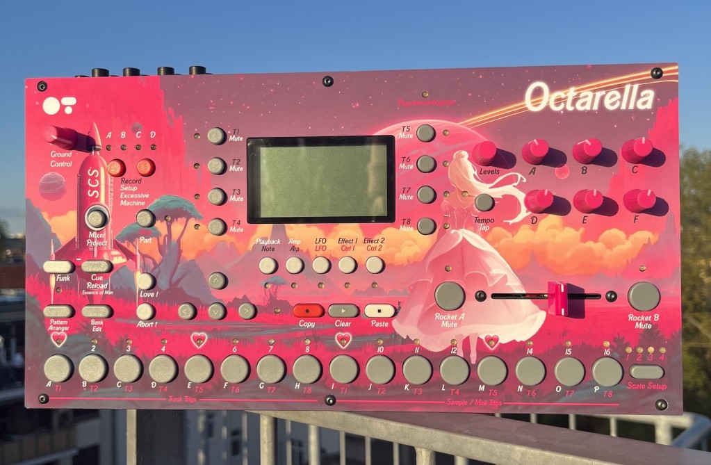 Octatrack remade as Octarella, with a princess watching an alien sunset and rocket ship, all in pink and violet