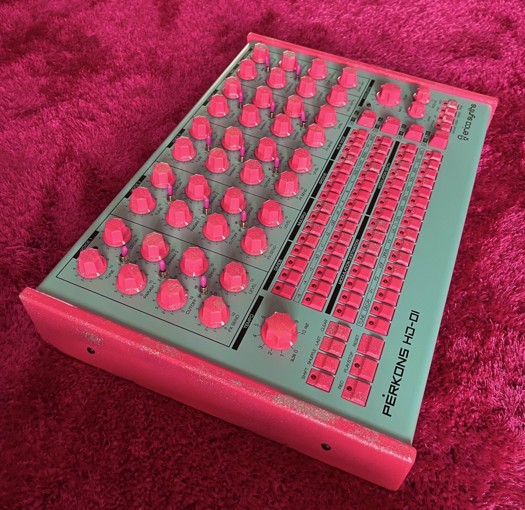 Custom pink Perkons drum machine, with all buttons, knob caps, and side panels replaced in electric pink