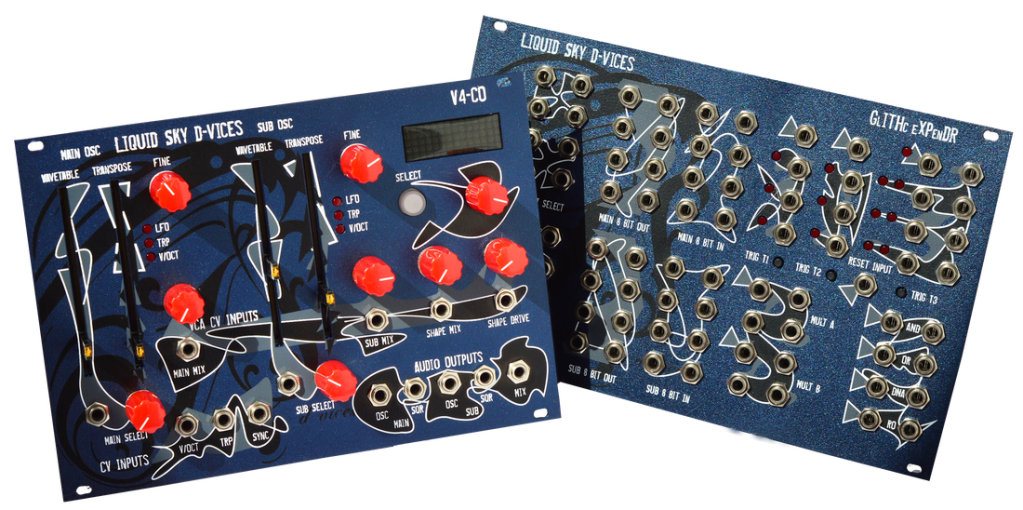 Two modules: V4CO oscillator module, with large red knob caps and big vertical faders, and the GLITHc eXPenDR, with several columns of patch points.