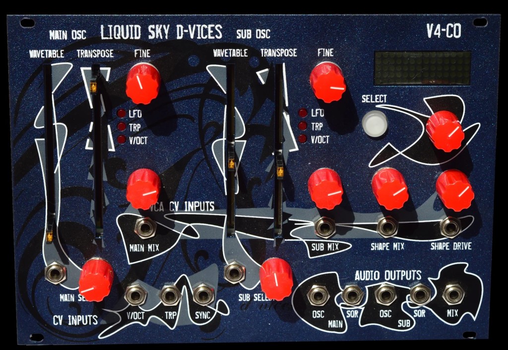 Top-view of the full V4CO panel - main and sub oscillator controls, CV inputs, audio outputs, mix controls, menu, fine-pitch, and mode.