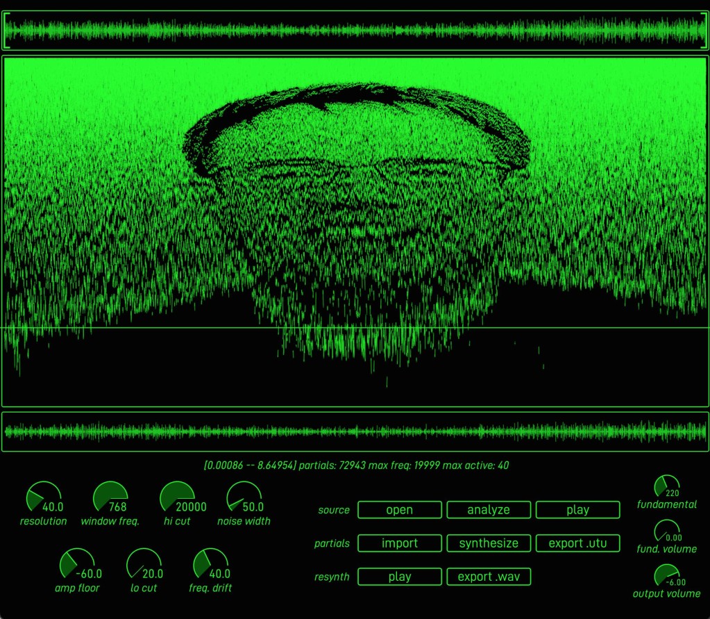 The author's face, visualized as partials, in a CRT-style green-on-black display with parameters and waveform display.