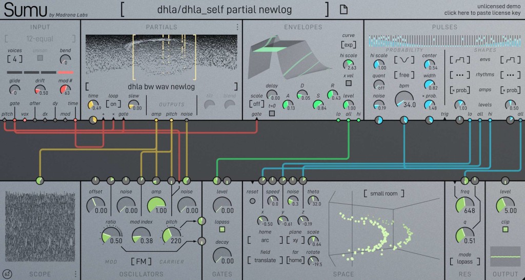 The author’s face resynthesis loaded in the Partial module in Sumu, showing visual routing, partials map (vaguely showing David's face), and visualizations of the reverb, envelope, pulses, and scope.