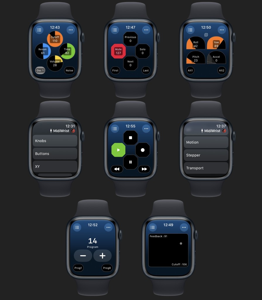 MidiWrist Unleashed sxreens, showing knobs with parameters, triggers, motion controls, transport, X/Y pads, custom MIDI stepper, and menus.