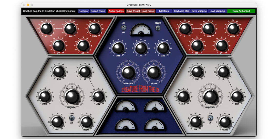 User interface for Creature From the ID, featuring dials, VU meters, and a hexagonal organization with oscillators on the two sides and mixing and send controls at the center.