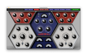 User interface for Creature From the ID, featuring dials, VU meters, and a hexagonal organization with oscillators on the two sides and mixing and send controls at the center.