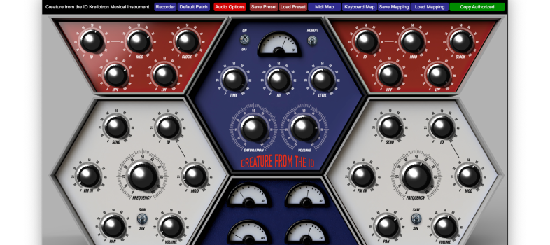 User interface for Creature From the ID, featuring dials, VU meters, and a hexagonal organization with oscillators on the two sides and mixing and send controls at the center.