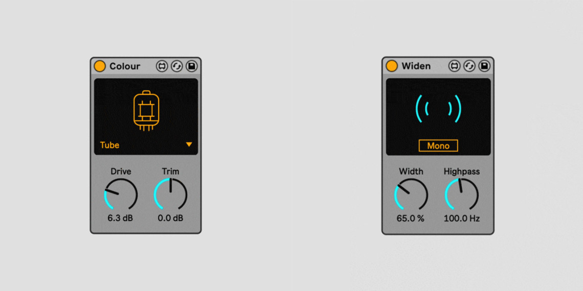 Colour and Widen Max for Live devices, with Colour showing a visualization of a tube.