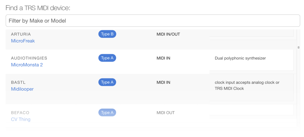 Manufacturer search results example, showing manufacturer / model, type, and details.