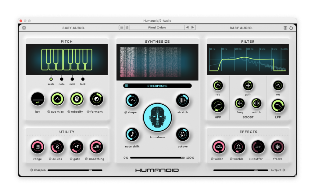 Baby Audio Humanoid UI overview, featuring pitch module, synthesizer with FFT view and transform amount, multimode filter, effects, utilities, and associated parameters.