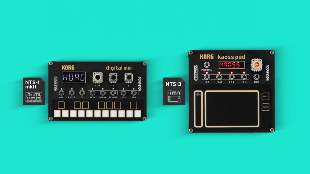 KORG NTS-1 mkII mini keyboard and KORG kaoss pad NTS-3 on a green background