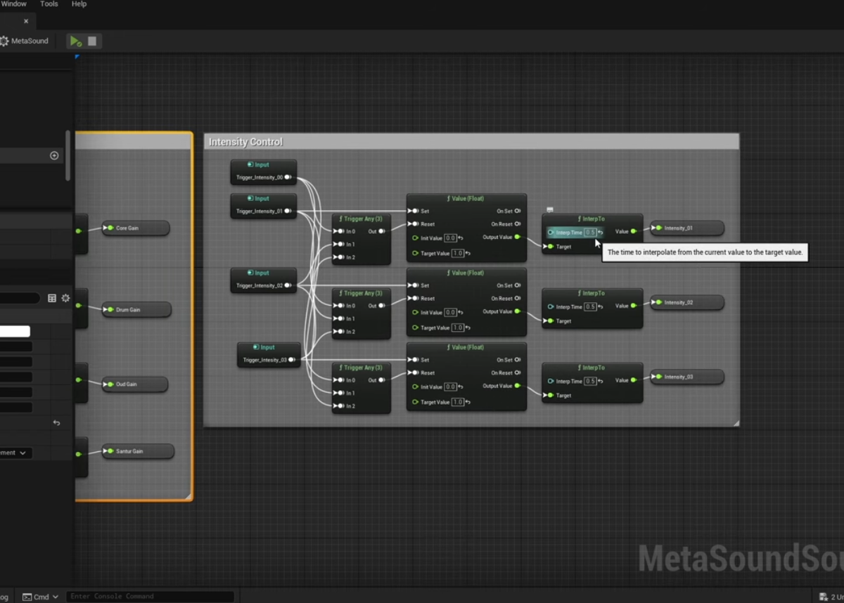 Editor view of a MetaSounds patch for dynamic music and sound in Unreal Engine