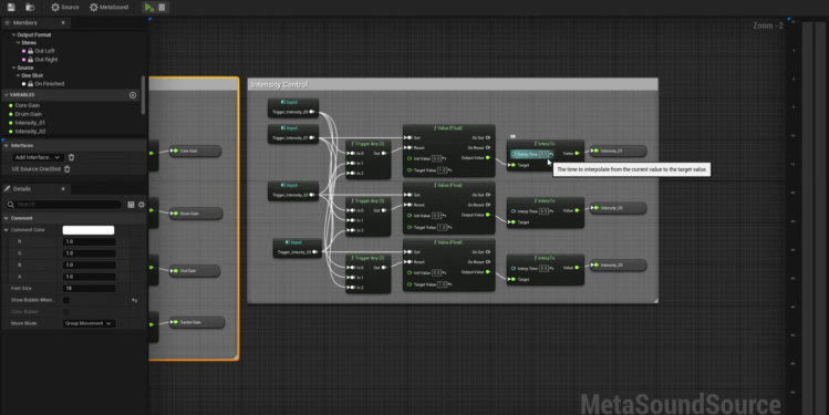 Editor view of a MetaSounds patch for dynamic music and sound in Unreal Engine