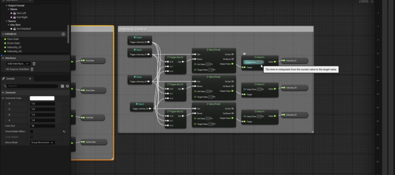 Editor view of a MetaSounds patch for dynamic music and sound in Unreal Engine