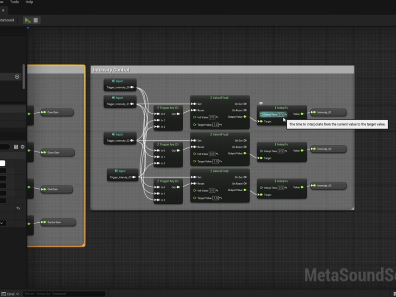 Editor view of a MetaSounds patch for dynamic music and sound in Unreal Engine