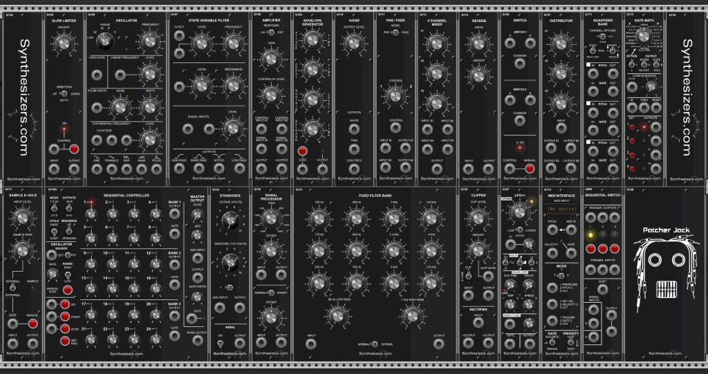 Screenshot in VCV Rack. Full view of a rack of MU-style, Moog-ish modules covered in knobs, including filters, oscillators, envelopes, and more.