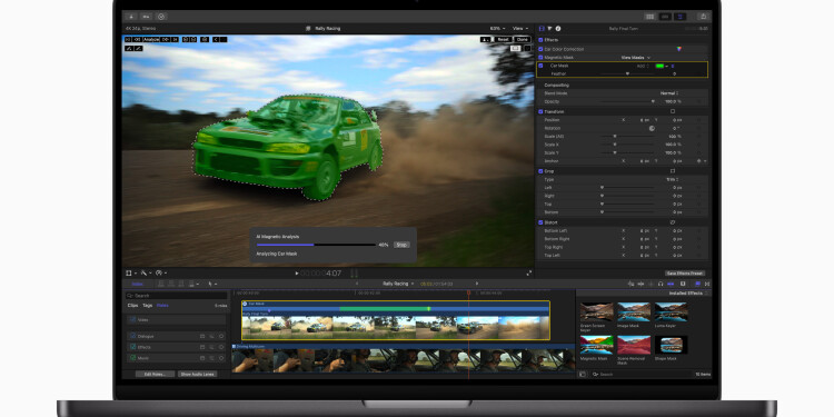 Magnetic Masking demonstration in Final Cut Pro 11 running on a MacBook, showing a car highlighted in green in the edit window plus a status dialog, timeline view open.