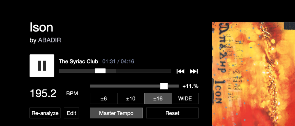 ABADIR track loaded in Bandcamp with Bandcamp Tempo Adjust plugin controls available - CDJ-style bpm detection, range toggles, and master tempo toggle visible.