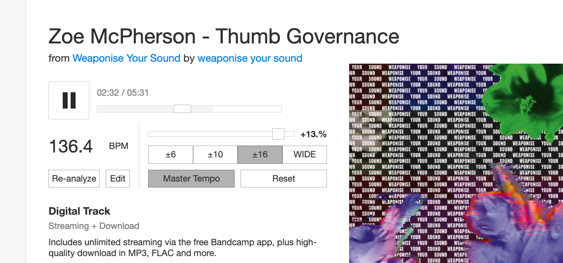 Zoe McPherson track Thumb Governance loaded in Bandcamp with Bandcamp Tempo Adjust plugin controls available - CDJ-style bpm detection, range toggles, and master tempo toggle visible.