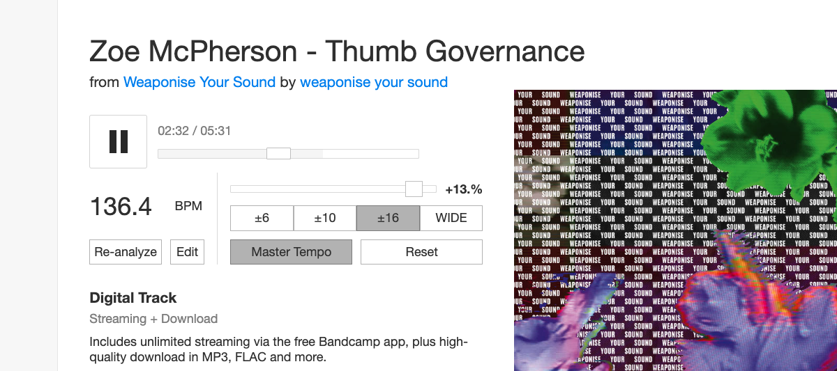 Zoe McPherson track Thumb Governance loaded in Bandcamp with Bandcamp Tempo Adjust plugin controls available - CDJ-style bpm detection, range toggles, and master tempo toggle visible.