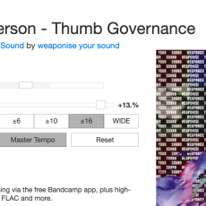 Zoe McPherson track Thumb Governance loaded in Bandcamp with Bandcamp Tempo Adjust plugin controls available - CDJ-style bpm detection, range toggles, and master tempo toggle visible.