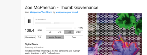 Zoe McPherson track Thumb Governance loaded in Bandcamp with Bandcamp Tempo Adjust plugin controls available - CDJ-style bpm detection, range toggles, and master tempo toggle visible.