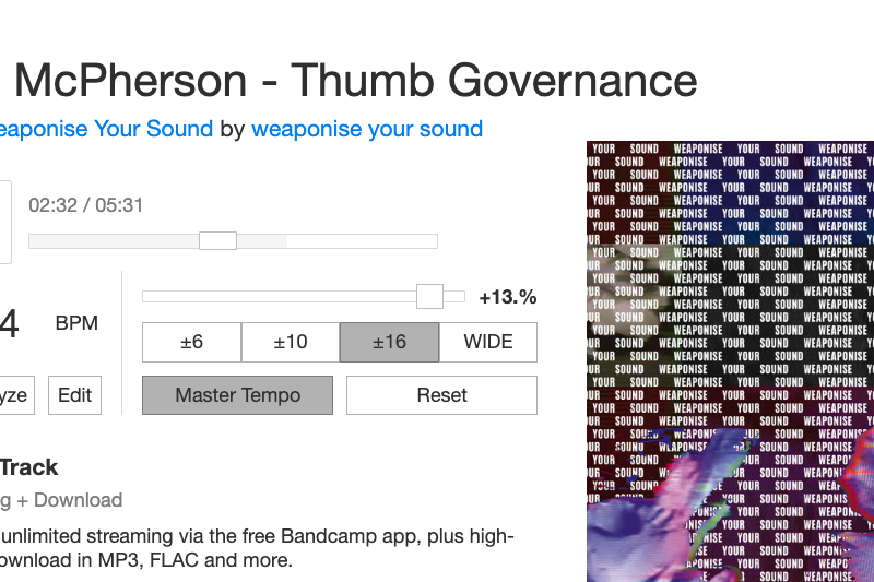 Zoe McPherson track Thumb Governance loaded in Bandcamp with Bandcamp Tempo Adjust plugin controls available - CDJ-style bpm detection, range toggles, and master tempo toggle visible.