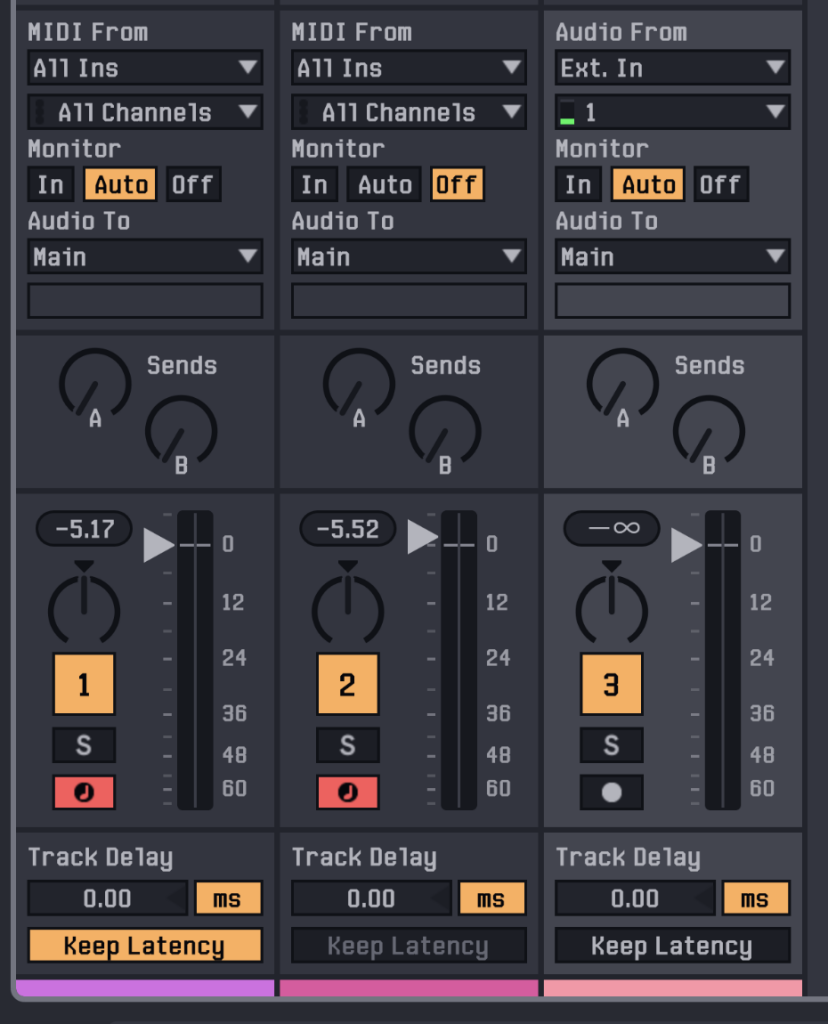 Channel strips showing monitoring section and audio/MIDI I/O and Keep Latency toggle on each track.