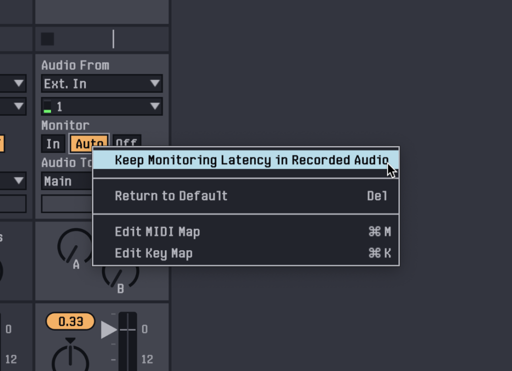 Channel strip with pop-up menu shown above Monitor - Auto button, showing "Keep Monitoring Latency in Recorded Audio" option highlighted.