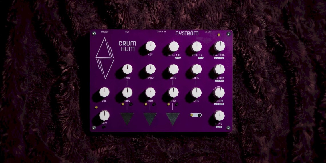 Crum Hum from above - white knobs, triangular touch plates, parameters for sound, effects (reverb, drive), randomization visible.