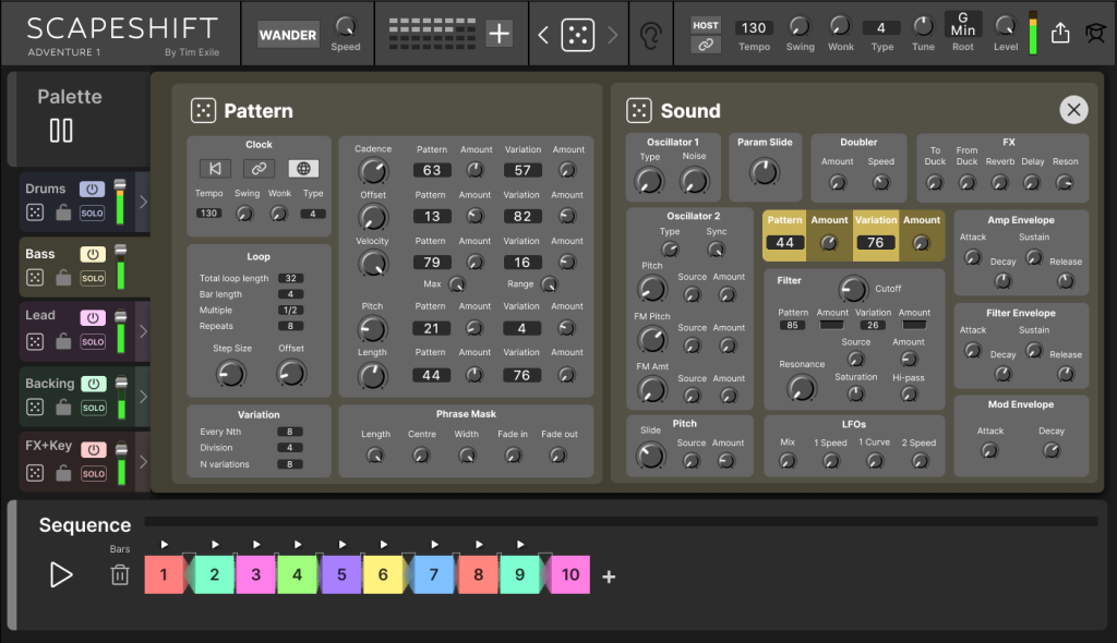 Deep view for pattern and sound showing a bunch of Reaktor parameter knobs.