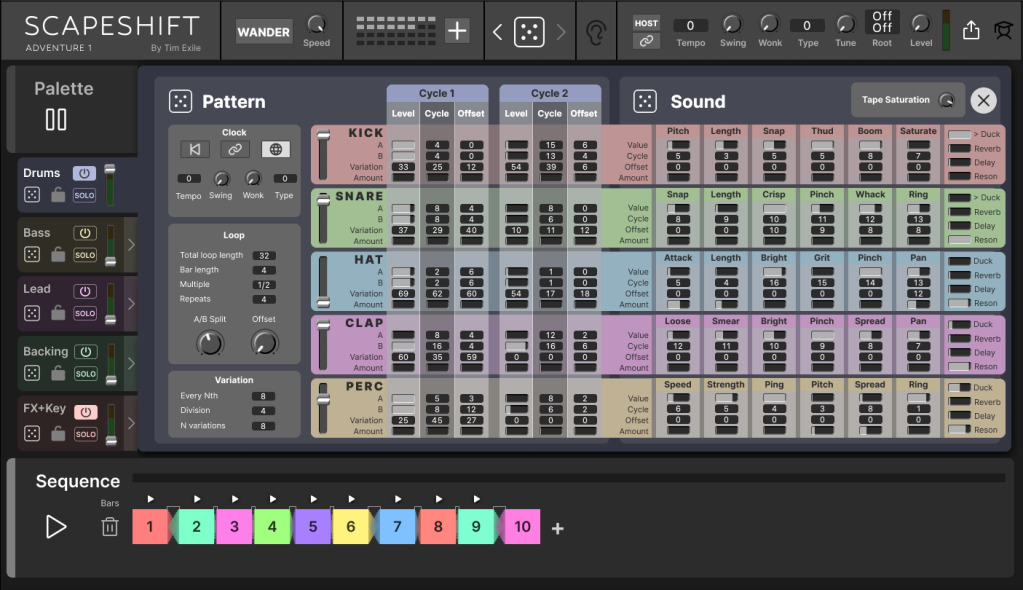 Deep view for individual drum parts showing a ton of additional parameters, cycles, etc.