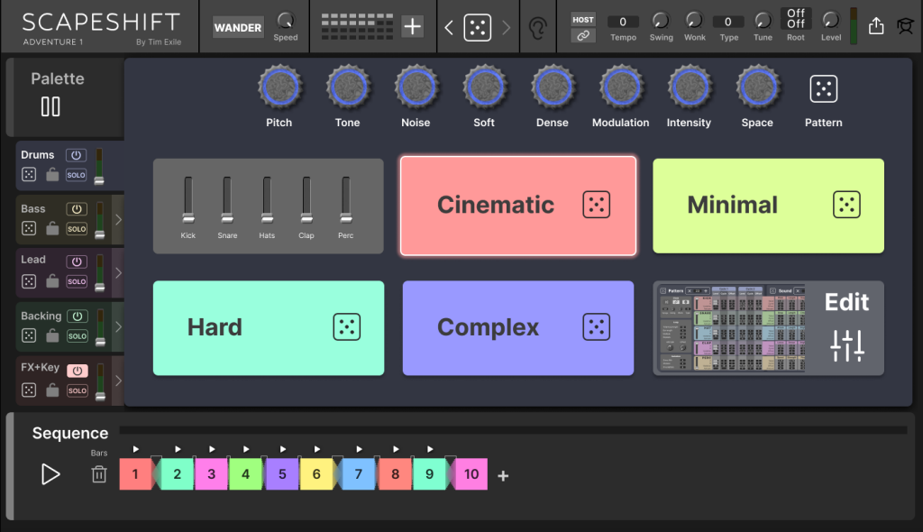 Scapeshift drums view with overiew of parameters, settings like "cinematic, minimal, hard, etc."