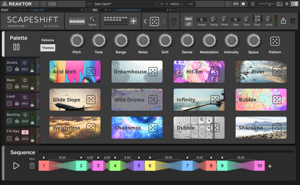 Overview of Scapeshift interface, showing palette and parameters, various presets with previews (acid melt... river... dreamhouse... wild drums ... etc.) and colored sequence view with morphing.