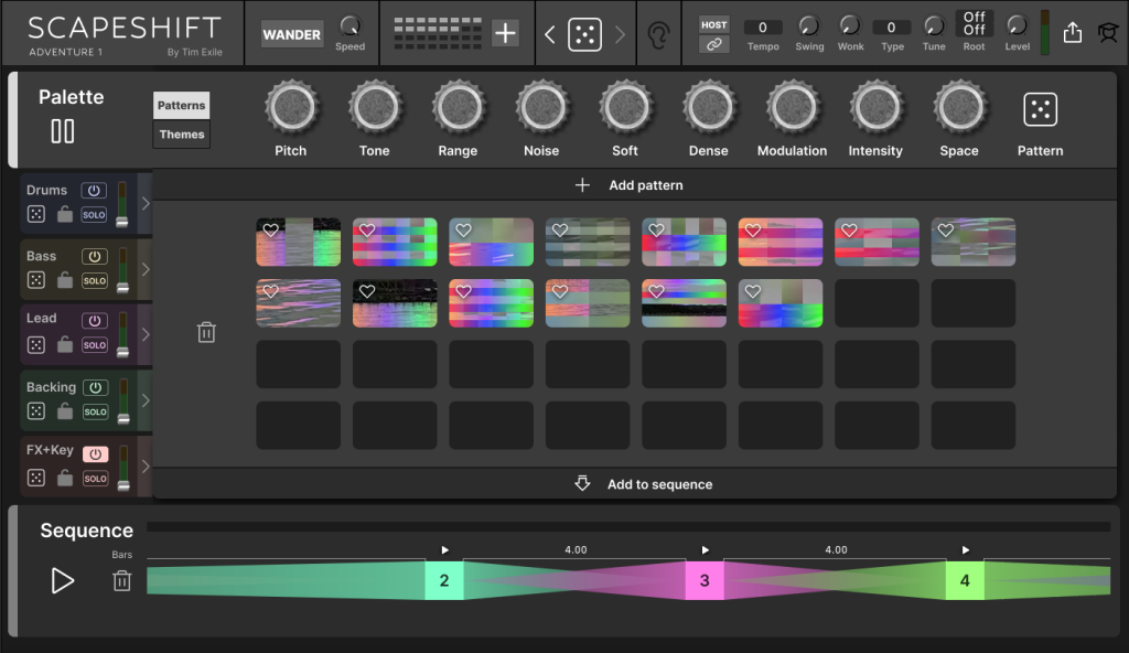 Pattern view, showing morphing sequences at bottom and graphical boxes for pattern sequencing.