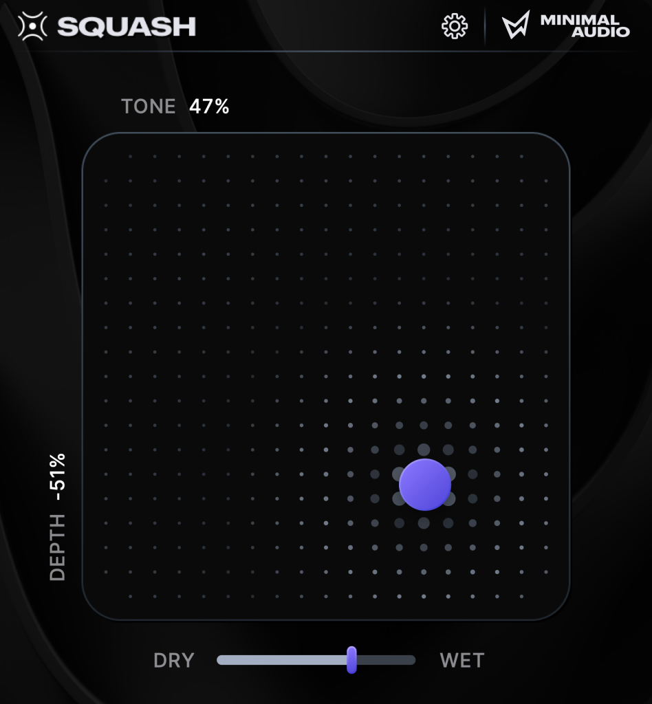 Squash plugin UI with X/Y grid, puck, depth on y axis, tone on x axis, and dry/wet control.