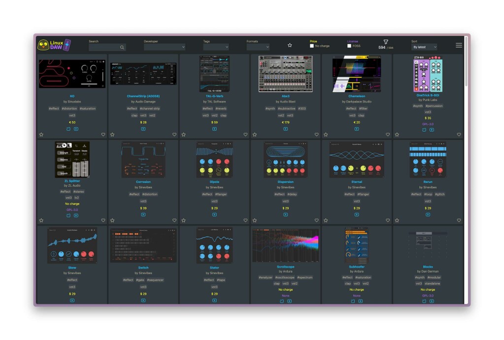 Linux DAW website interface showing various plug-ins including Sinevibes effects, in a grid layout with format and price/open source information and screenshots.