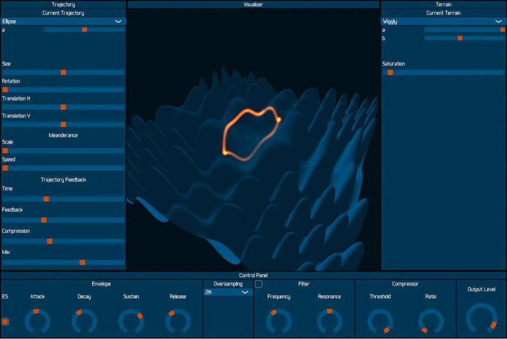 Terrain wave terrain synthesis software, showing trajectory controls, control panel of encoders, and 3D terrain visualizer.