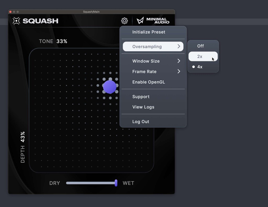 Squash plugin UI with X/Y grid, puck, depth on y axis, tone on x axis, and dry/wet control. Menu open, showing framerate / window size/ OpenGL options and oversampling off / 2x / 4x.